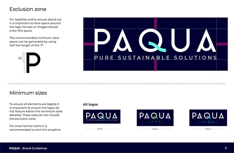 Example page from the brand guidelines produced for Paqua 